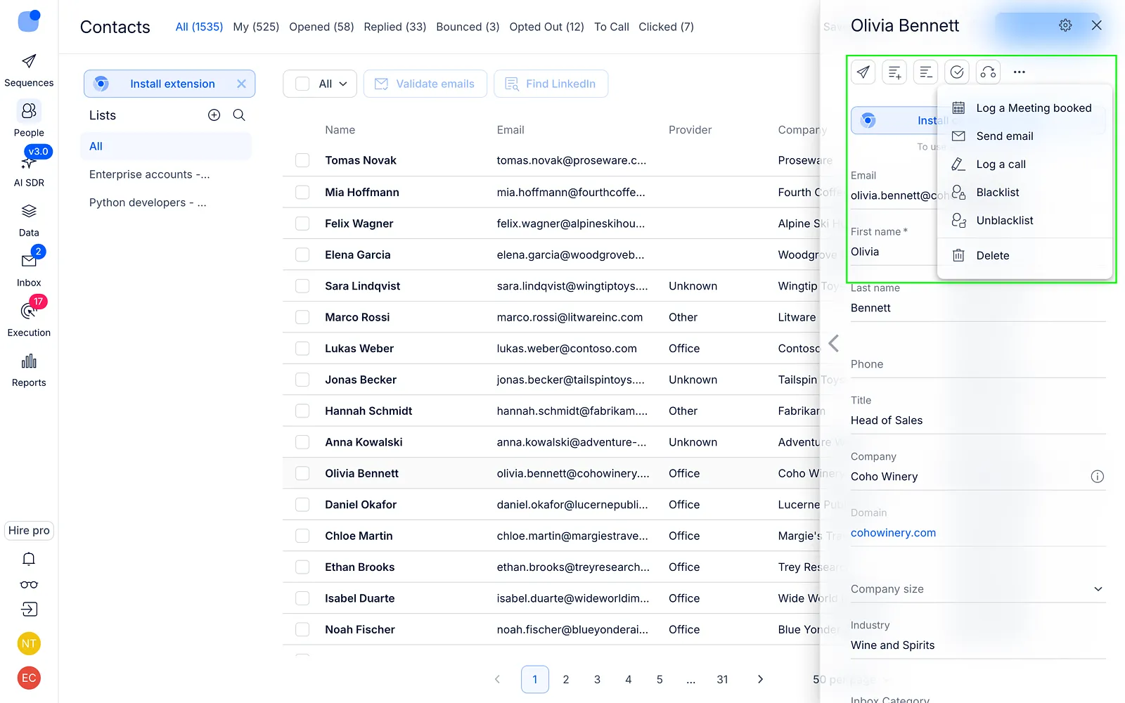 Contact profile card opened from the grid, with its actions menu showing Log a Meeting booked, Send email, Log a call, Blacklist, Unblacklist and Delete