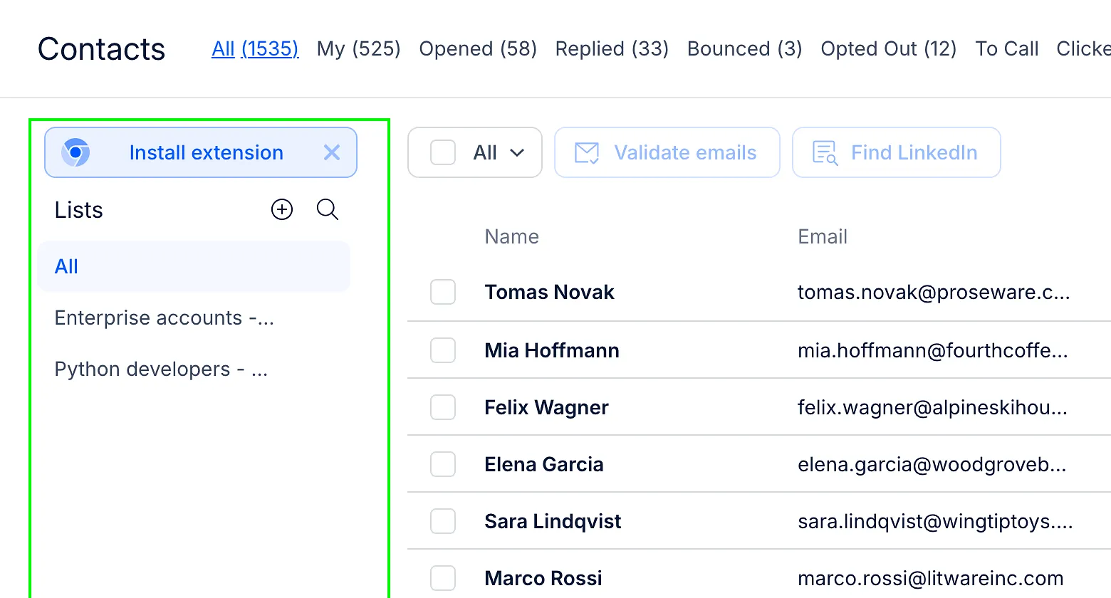Lists panel on the left of the Contacts page, with buttons to add and search lists