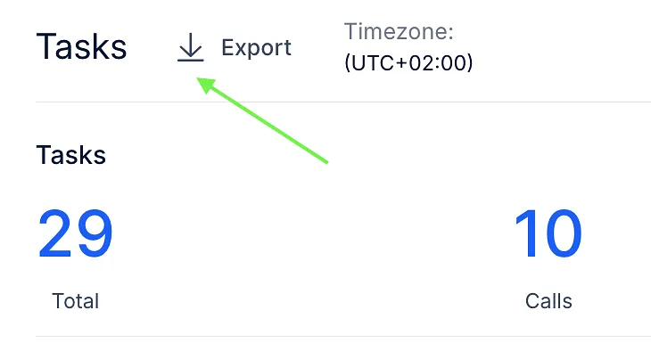 Export button at the top of the Tasks dashboard, highlighted with an arrow.