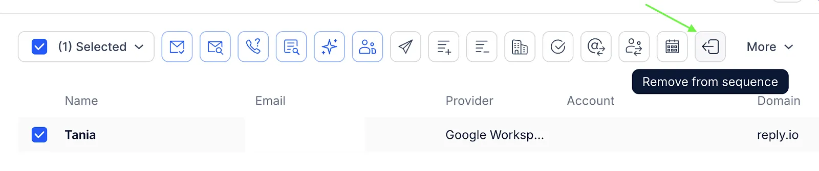 One contact selected on the People page with the Remove from sequence button