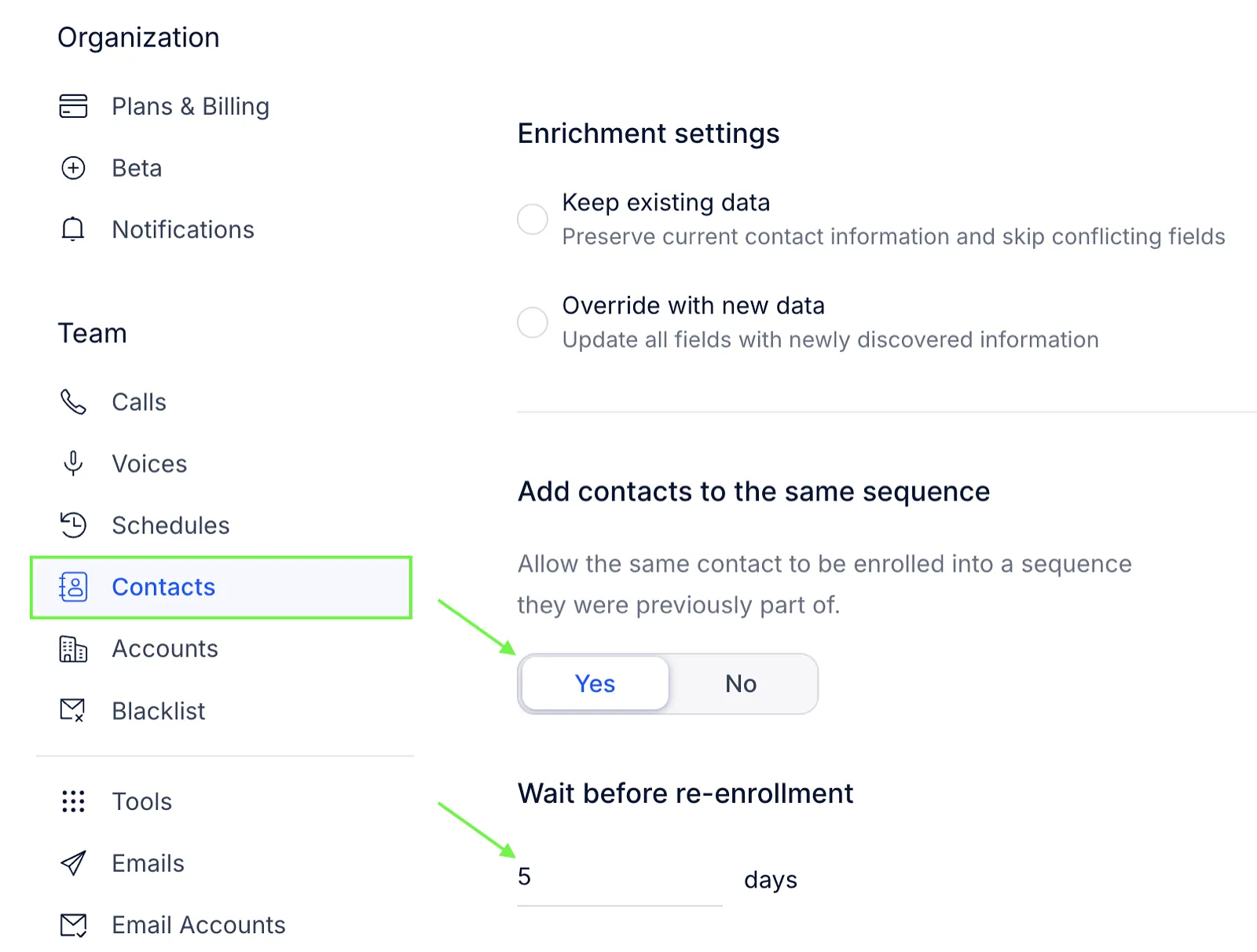 Settings, Contacts, with Add contacts to the same sequence set to Yes and Wait before re-enrollment set to 5 days