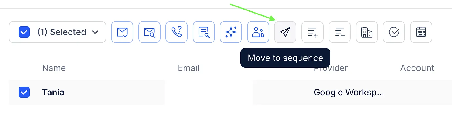 One contact selected on the People page with the Move to sequence button