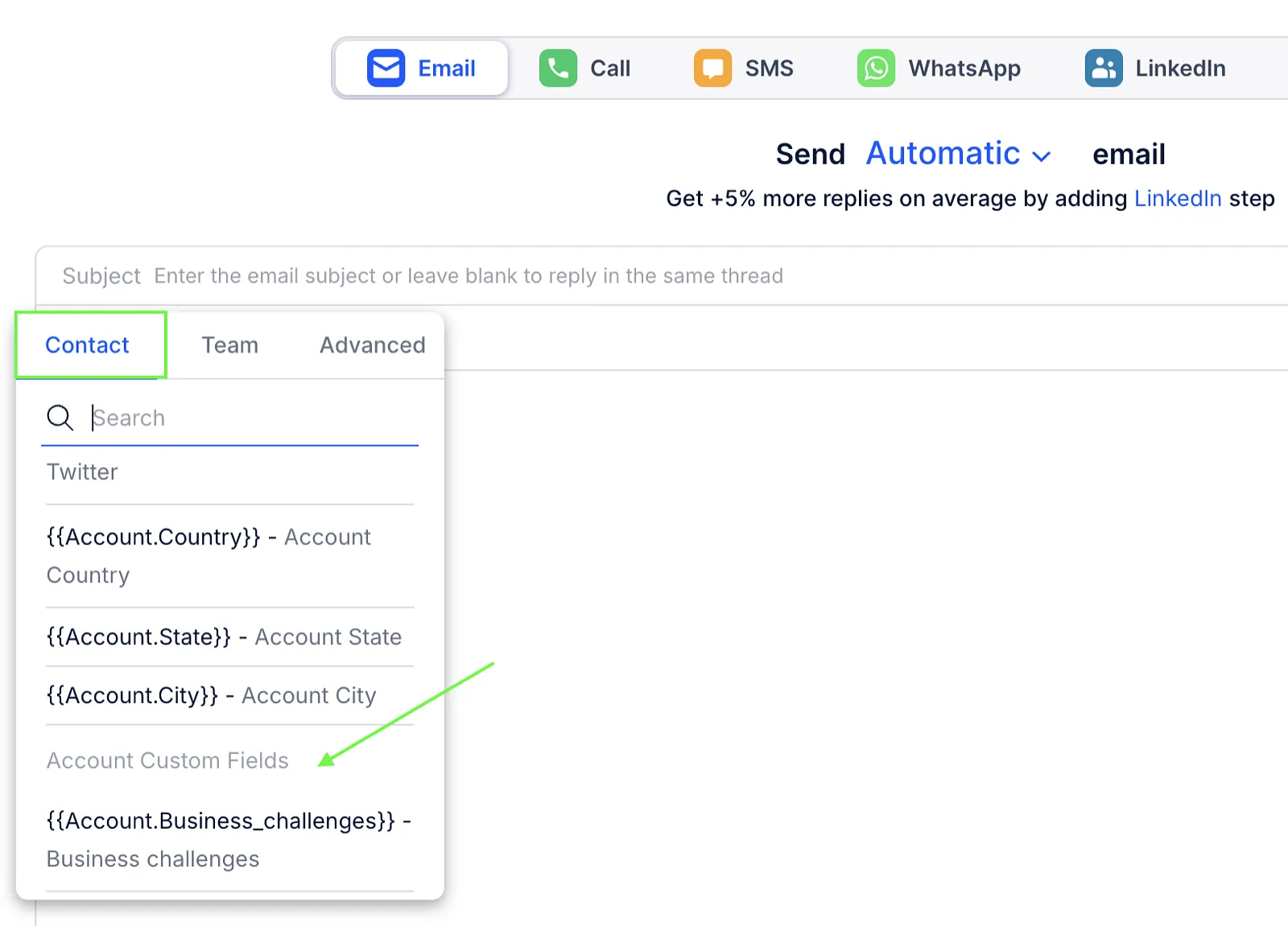 Variable menu in the email editor with the Contact tab open and Account Custom Fields listed