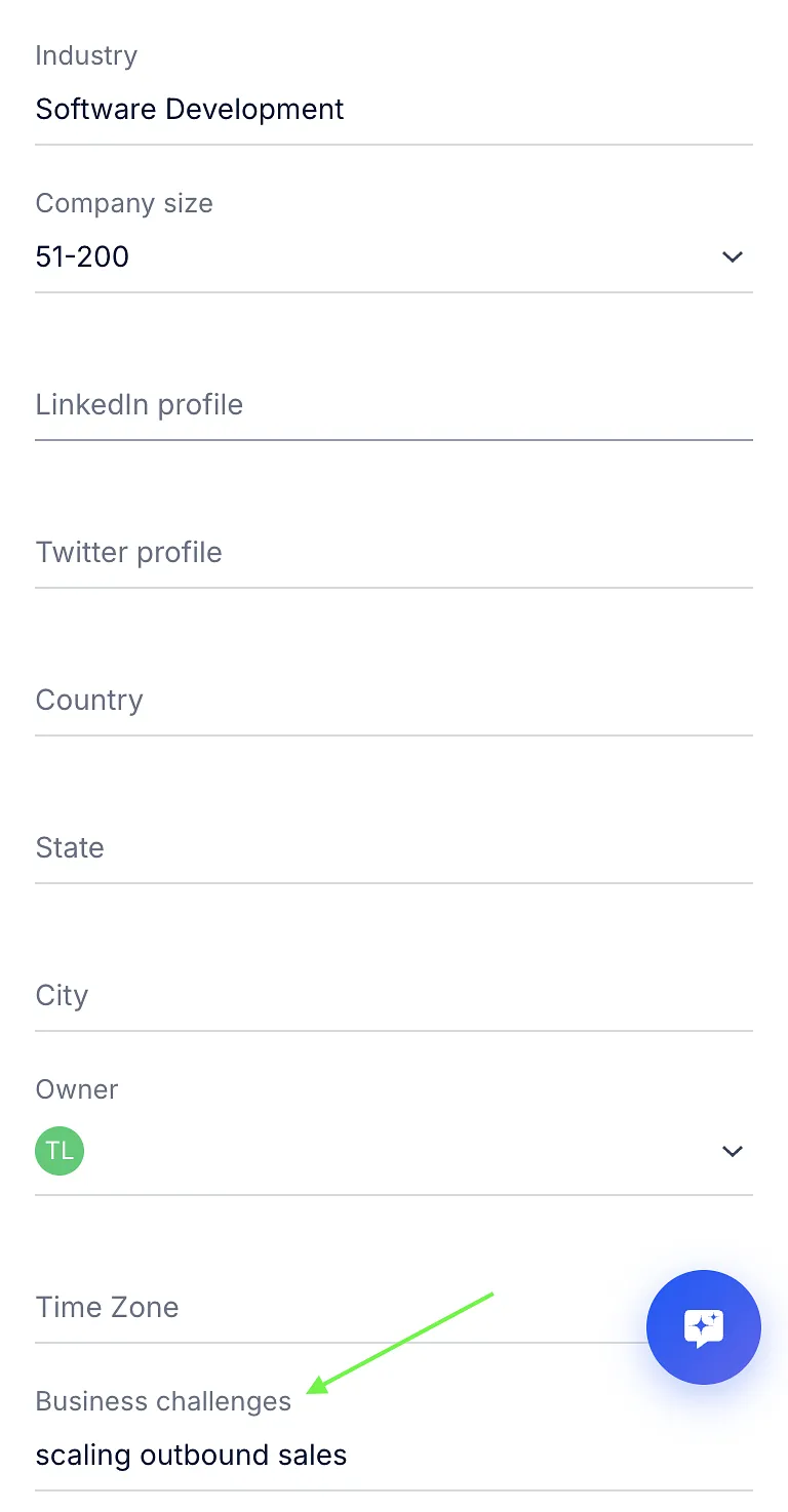 Account card showing the custom field Business challenges with its value