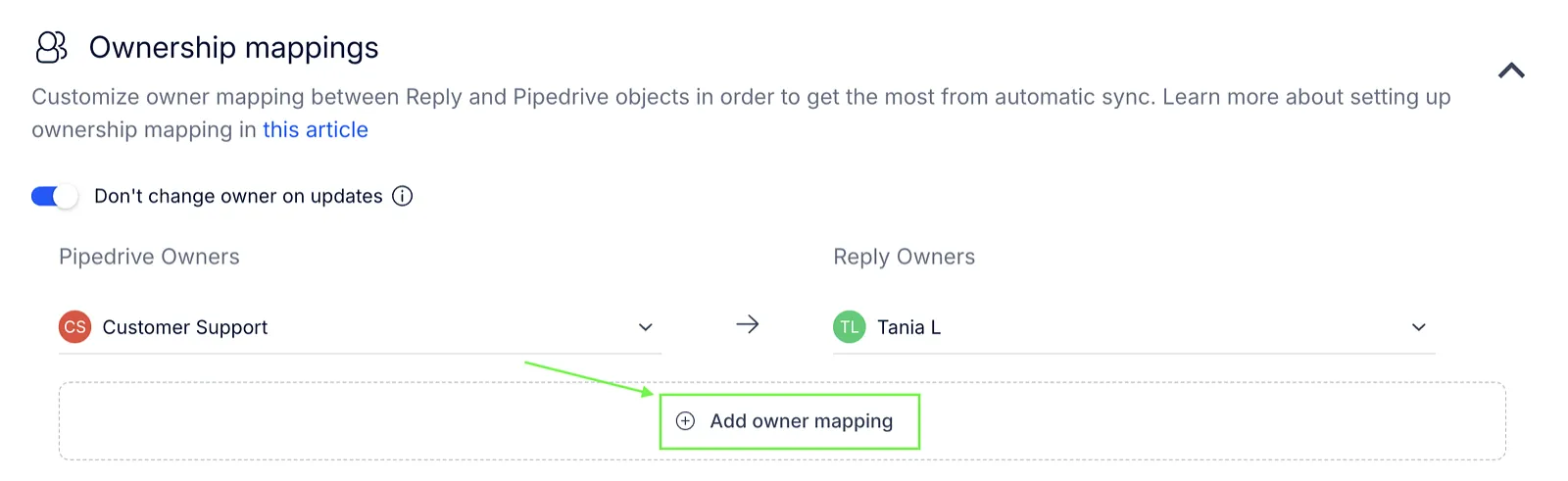 Pipedrive ownership mappings section linking a Pipedrive owner to a Reply owner, with Add owner mapping highlighted