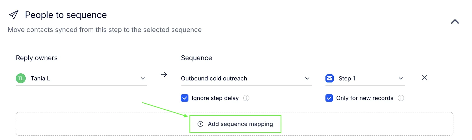 People to sequence mapping linking a Reply owner to a sequence and step, with Add sequence mapping highlighted