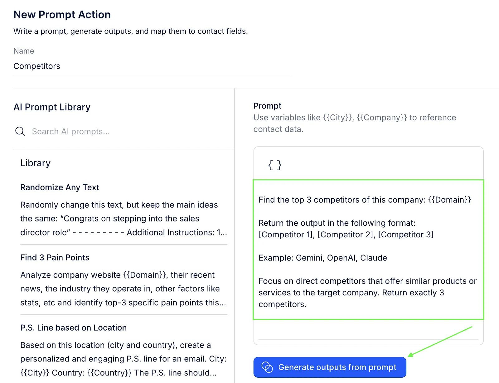 New Prompt Action form with a competitor research prompt and the Generate outputs from prompt button highlighted