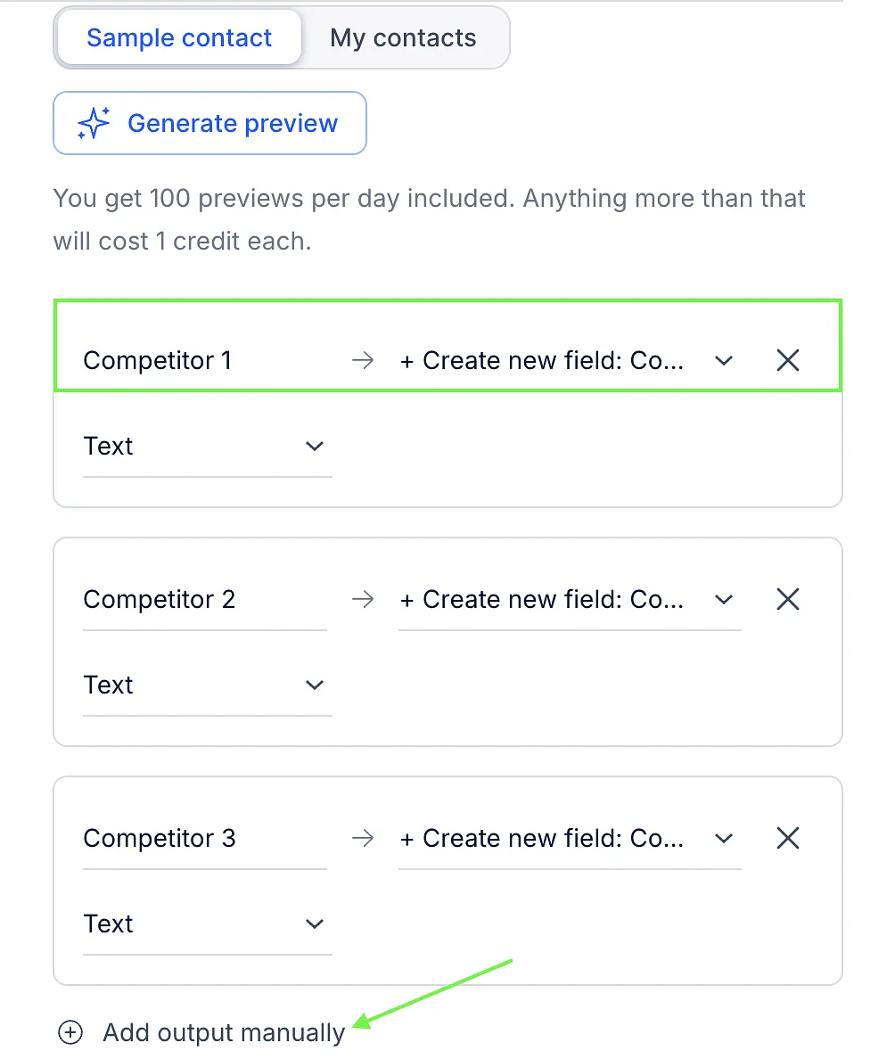 AI prompt outputs mapped to new custom fields, with the Add output manually option highlighted