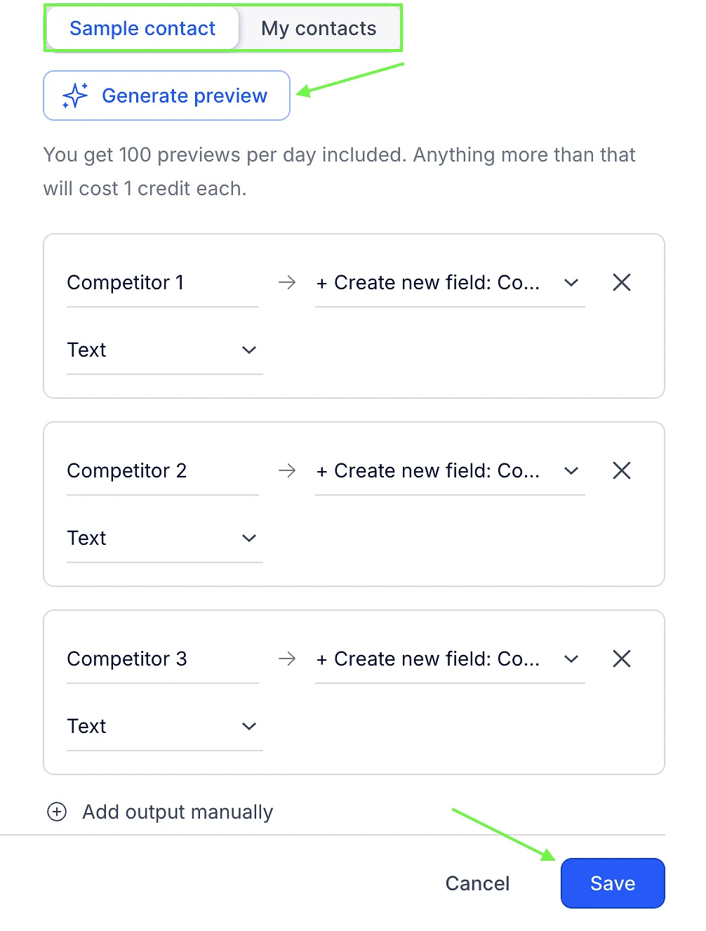 AI prompt output mapping with the Sample contact tab, Generate preview button and Save button highlighted