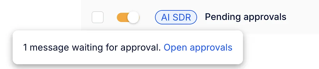 Sequence list notice showing one AI SDR message waiting for approval with an Open approvals link