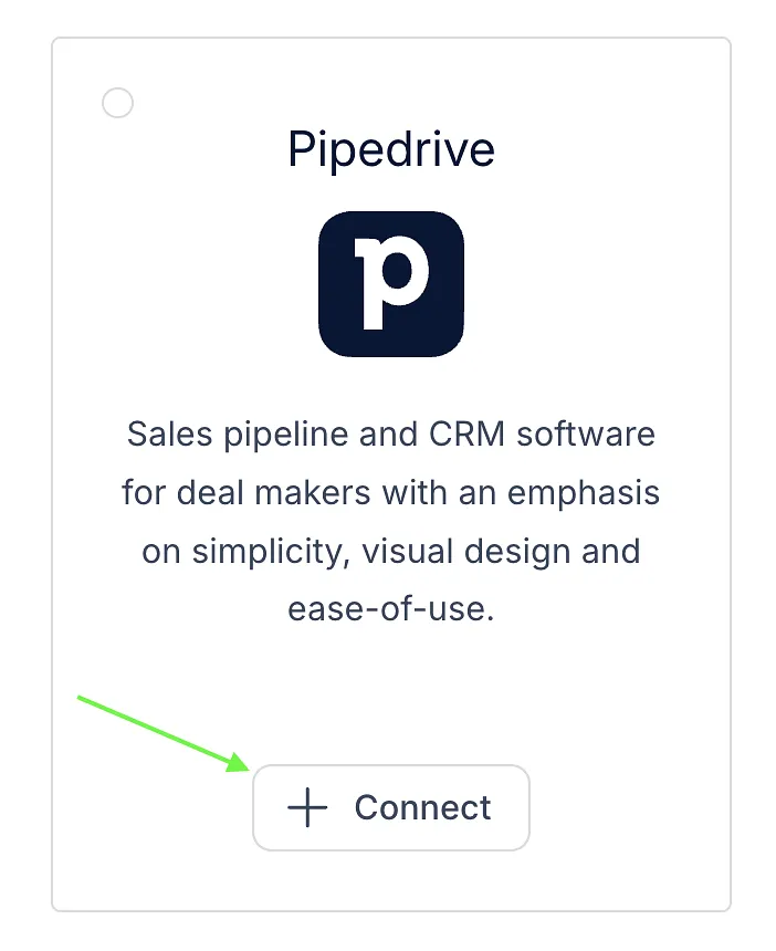 Pipedrive card on the Integrations page with the Connect button highlighted