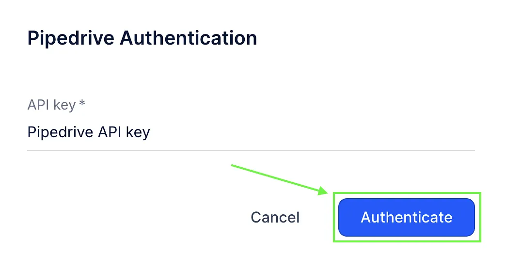Pipedrive Authentication window with an API key field and the Authenticate button highlighted