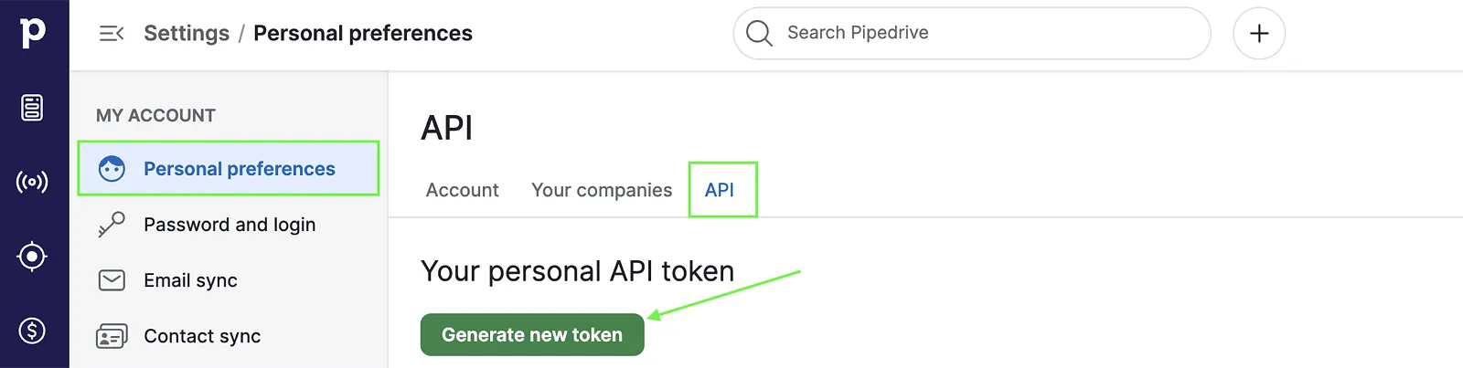 Pipedrive personal preferences API tab with the Generate new token button highlighted
