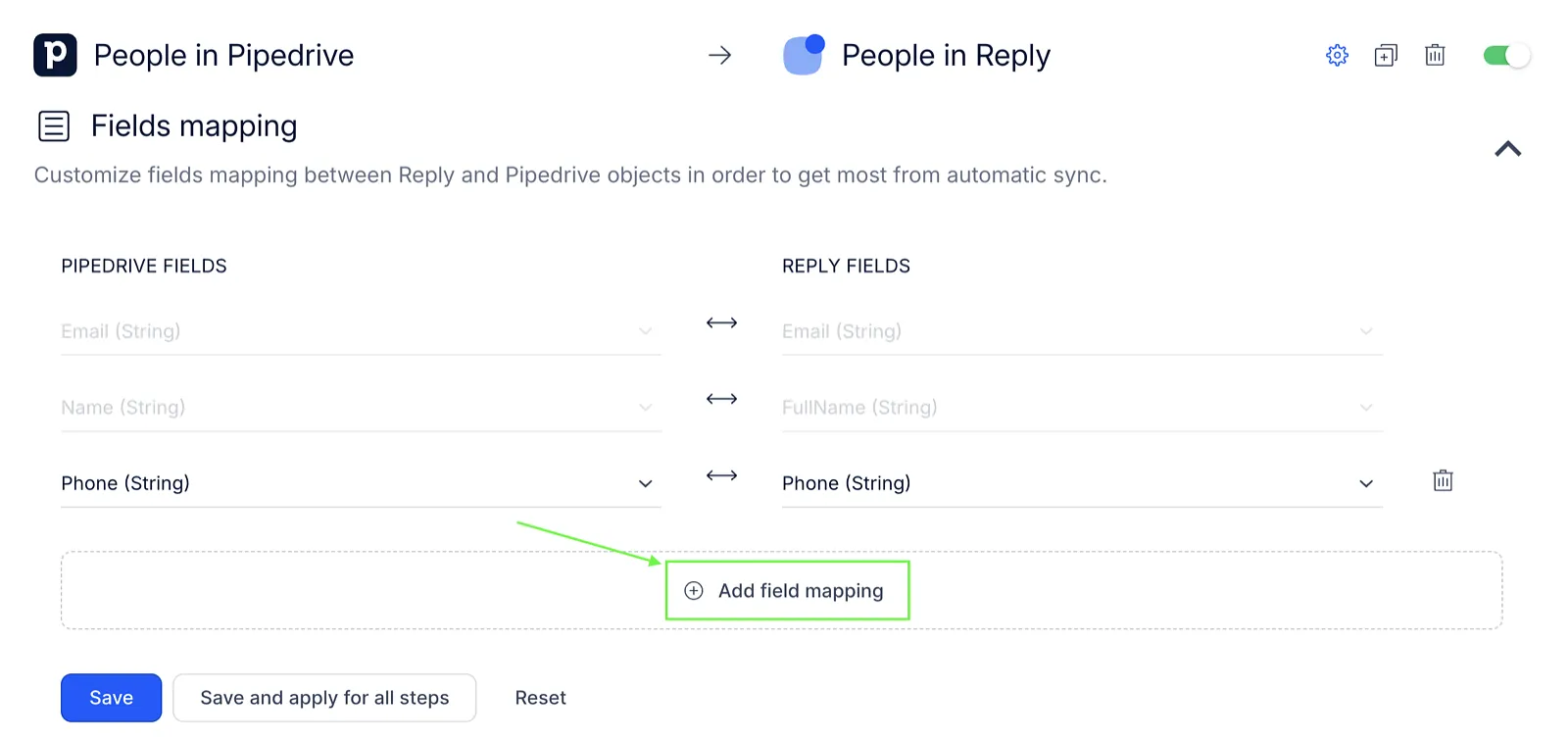 Pipedrive fields mapping section showing email, name and phone mappings and the Add field mapping button