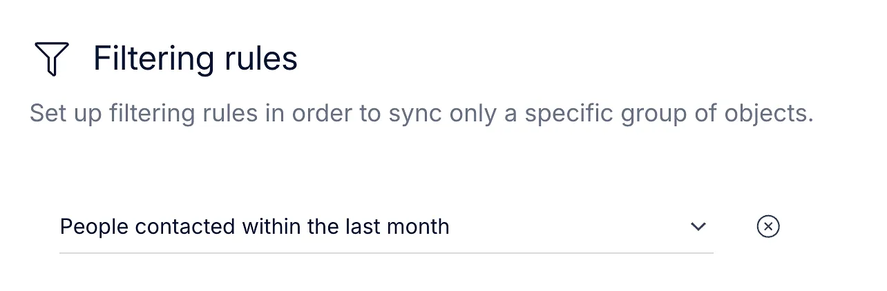 Pipedrive filtering rules section with a filter set to people contacted within the last month