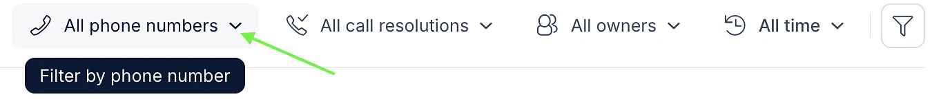 Calls dashboard phone number filter with its tooltip shown