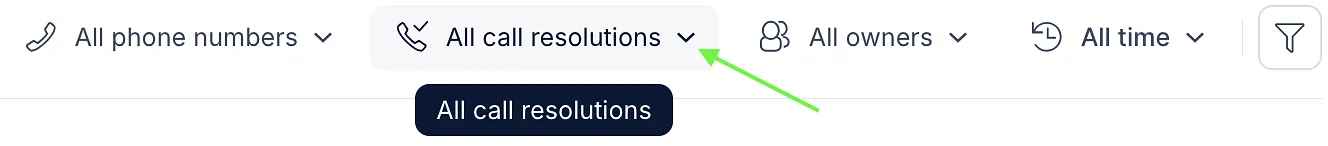 Calls dashboard call resolution filter with its tooltip shown
