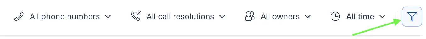 Calls dashboard additional filters button highlighted next to the other filters