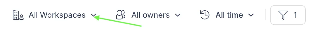 Dashboard filter bar with an arrow pointing to the Workspaces filter.