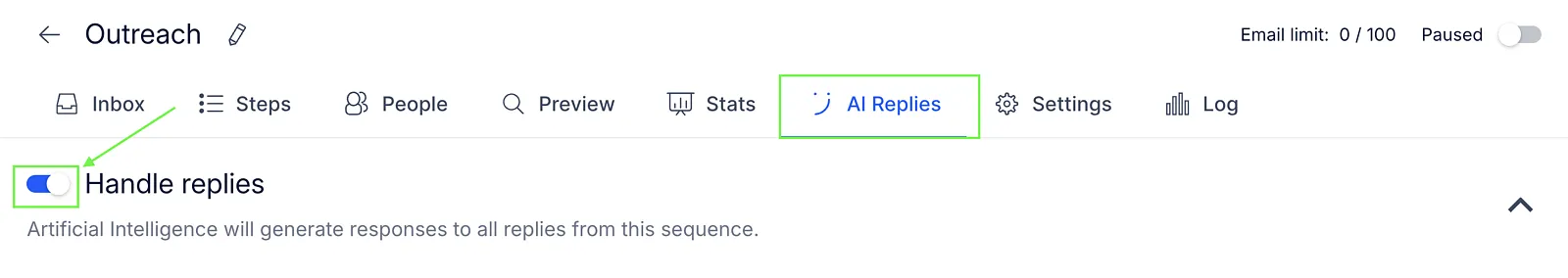 Sequence AI Replies tab with the Handle replies toggle switched on and highlighted.