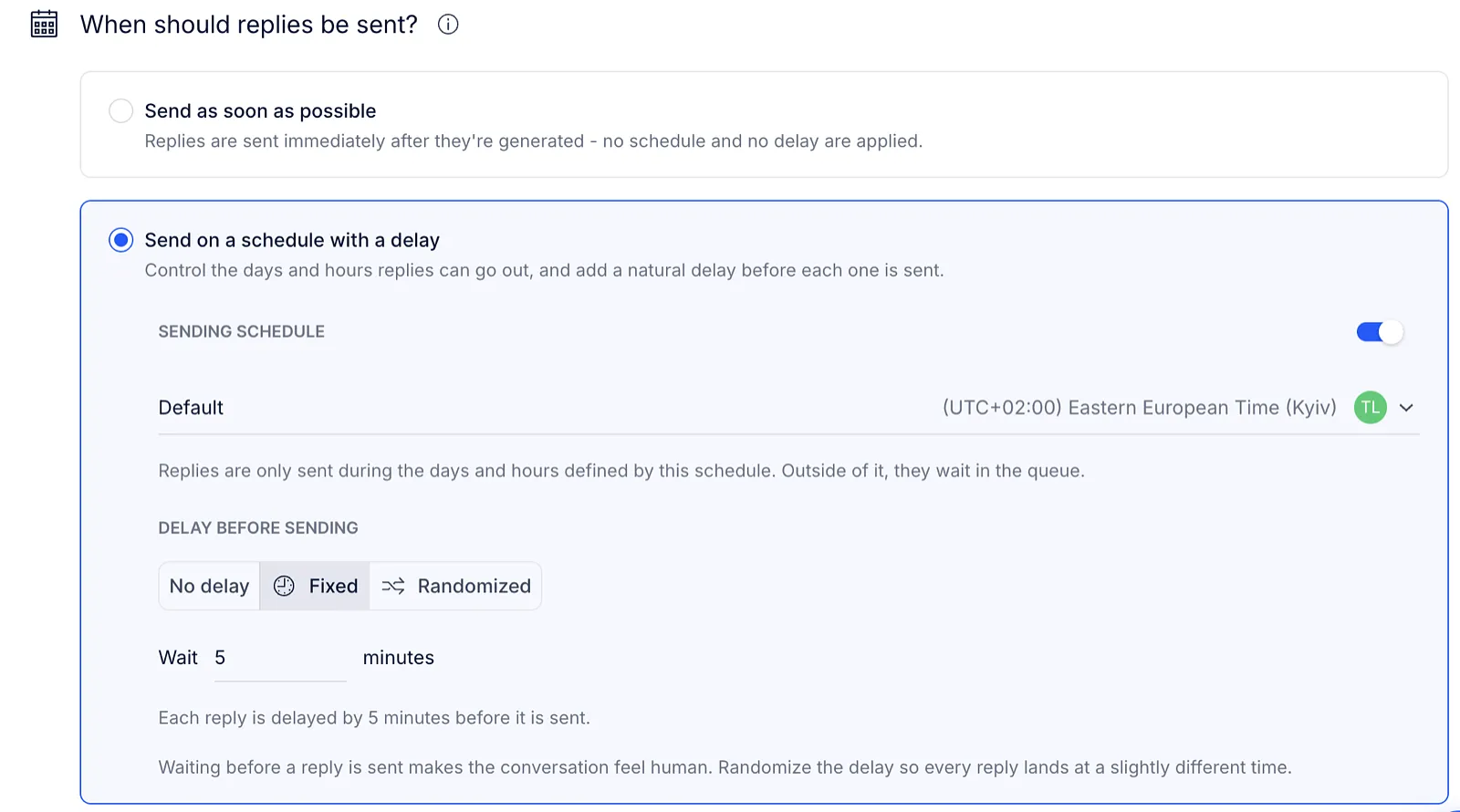 Reply timing settings with Send on a schedule with a delay selected and a fixed 5-minute delay.