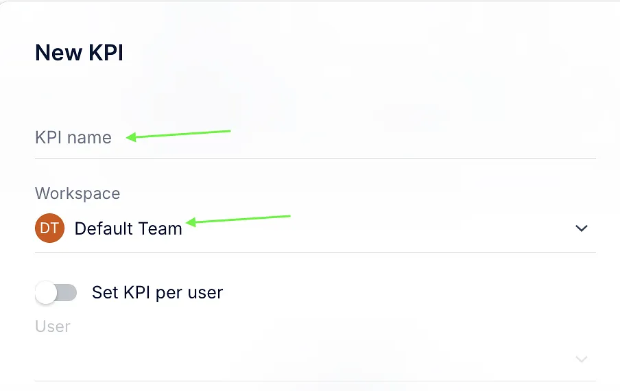 New KPI form with arrows pointing to the KPI name field and the Workspace selector.