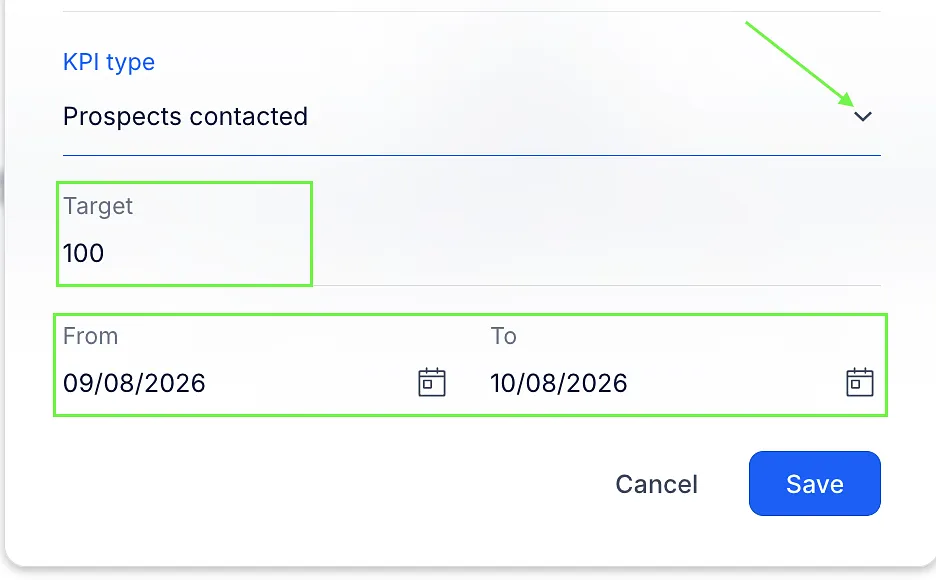 New KPI form showing the KPI type dropdown, Target field, From and To dates, and the Save button.
