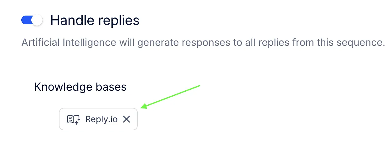 Handle replies section with an arrow pointing to the selected knowledge base.