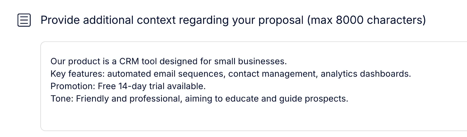 Additional context field filled with a sample product description, key features, promotion and tone.