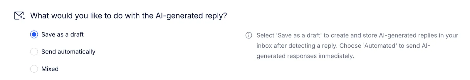 Options for handling AI-generated replies: Save as a draft, Send automatically, or Mixed.