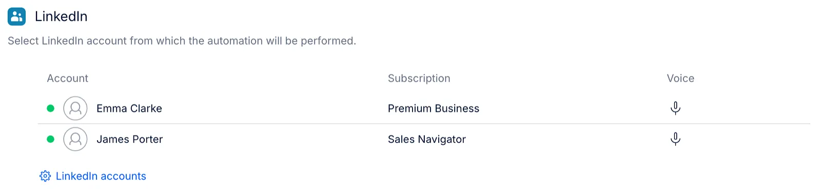 The LinkedIn part of a sequence's Settings tab with two LinkedIn accounts, Emma Clarke and James Porter