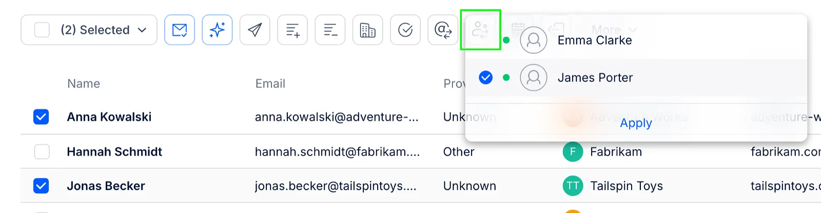 Two contacts selected on the sequence's People tab, with the Change sending LinkedIn account icon open and James Porter chosen
