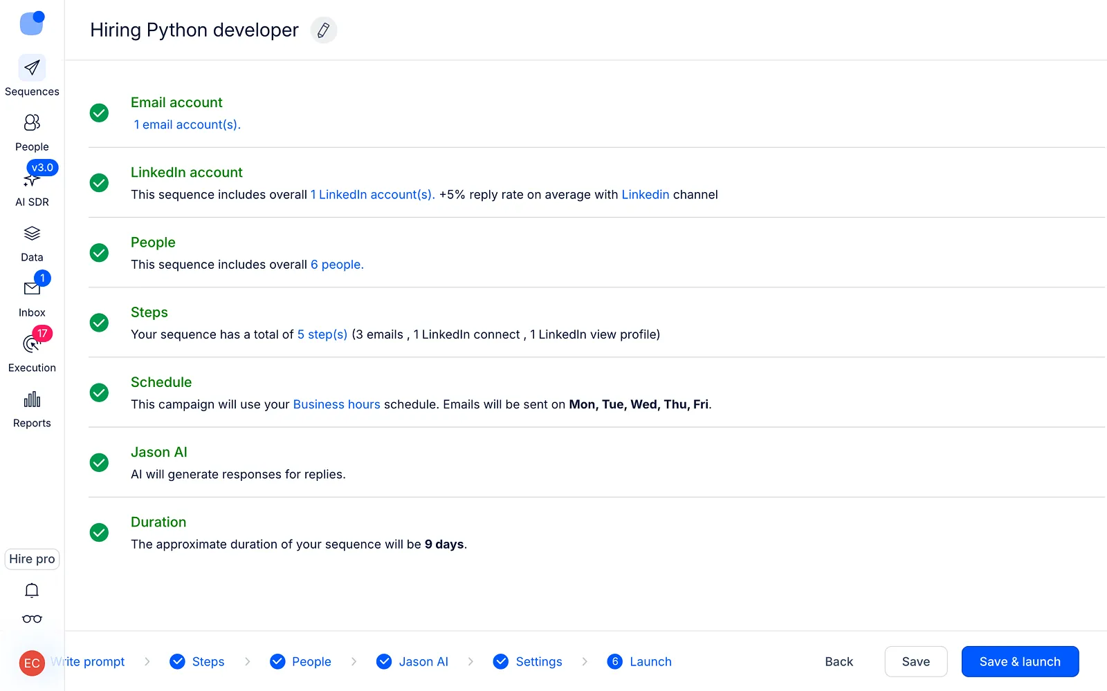 Launch step summary with every point green-checked and the Save & launch button