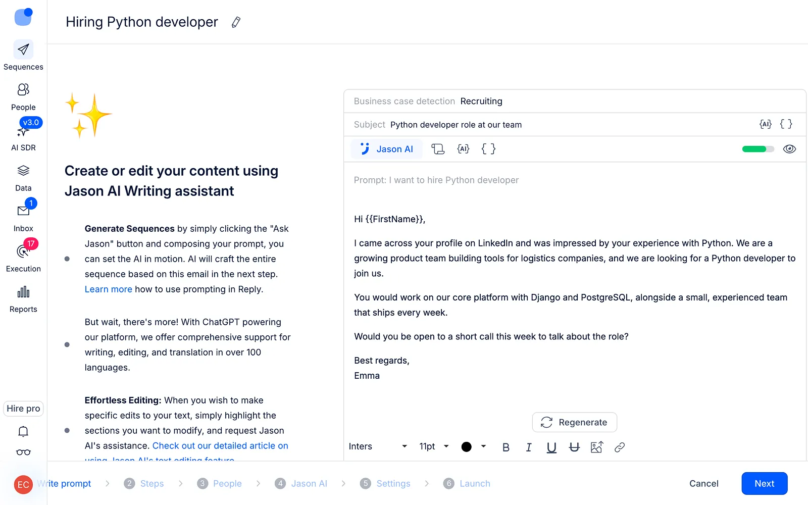 Step 1 of the magic sequence wizard with the generated first email: business case Recruiting, subject and the prompt "I want to hire Python developer"