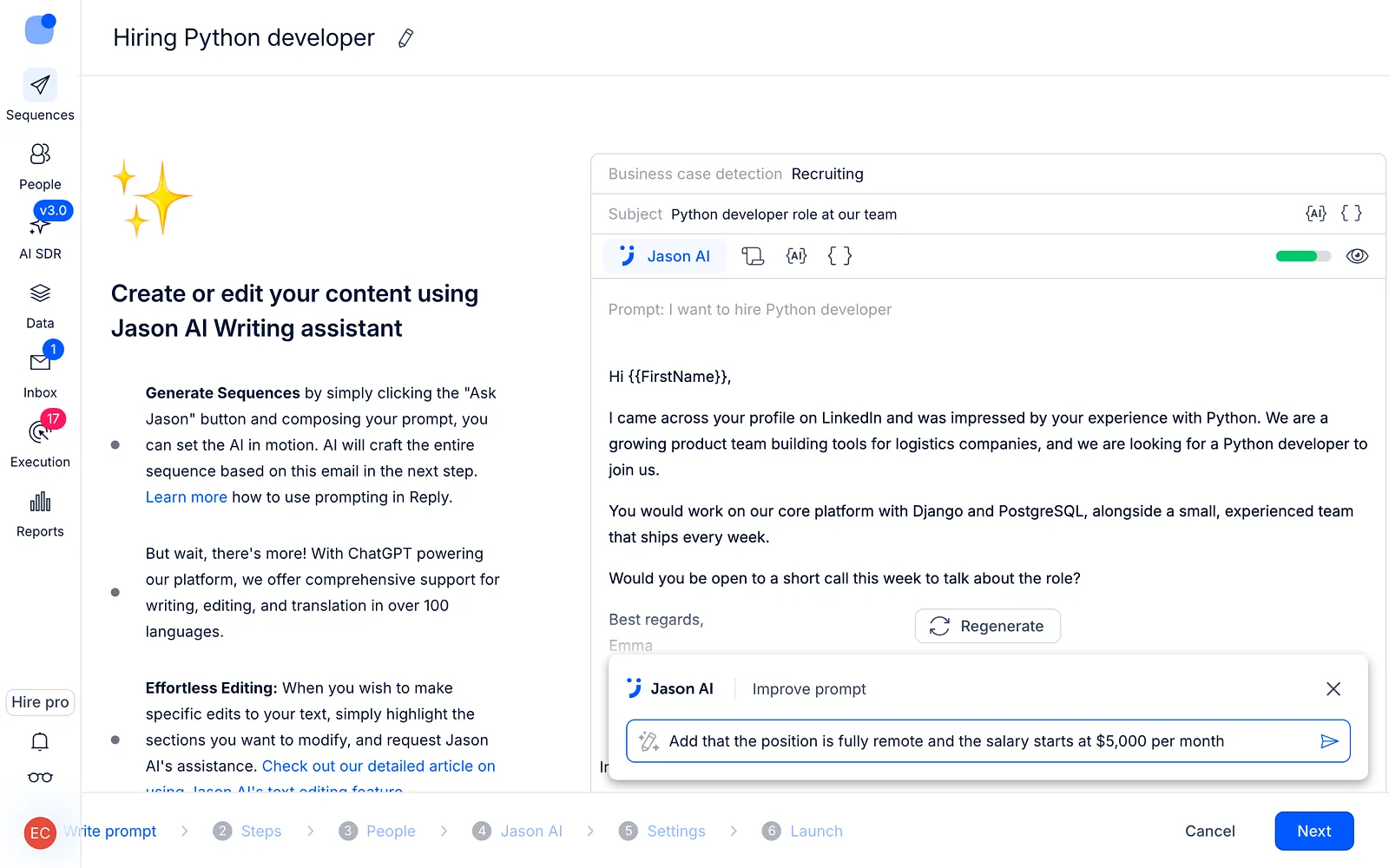 Jason AI panel open in the text editor with an extra instruction typed in to improve the email