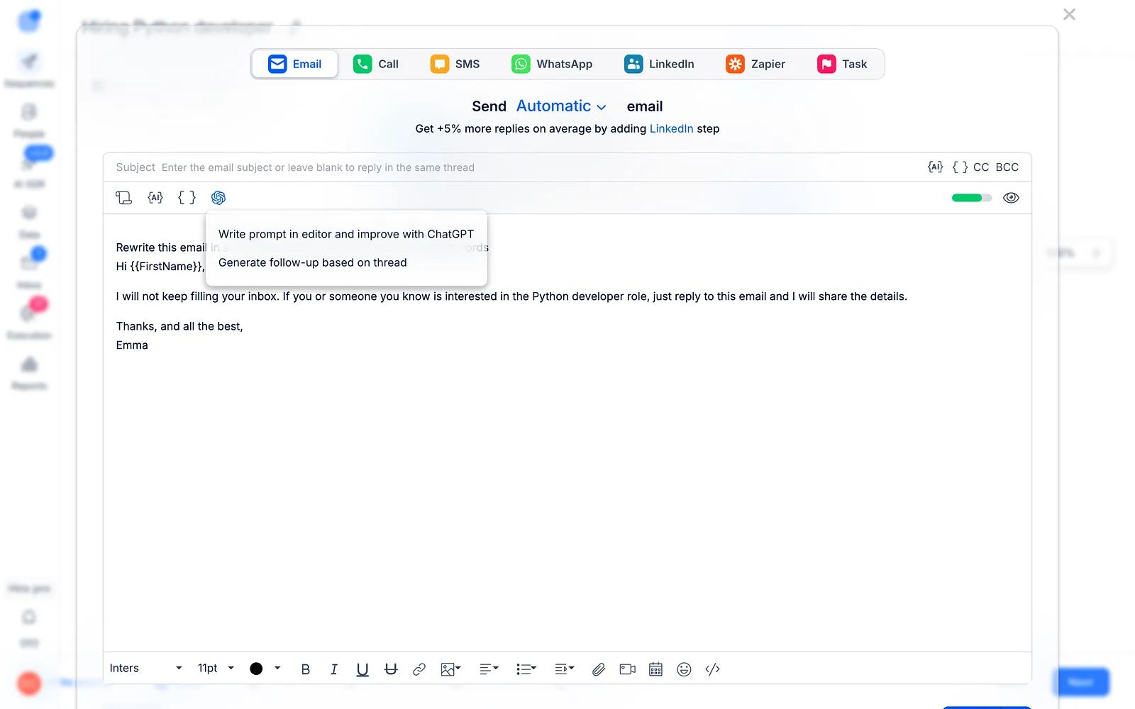 Email step editor with a prompt in the first line and the Improve with ChatGPT menu open
