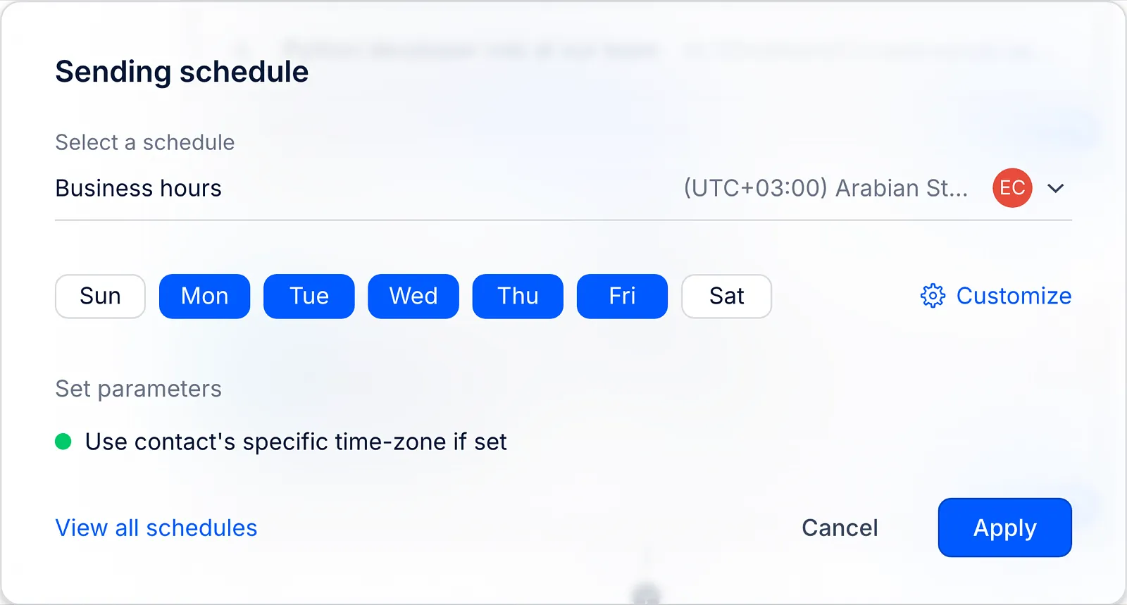 Sending schedule window with the Select a schedule field, Create new schedule and Apply