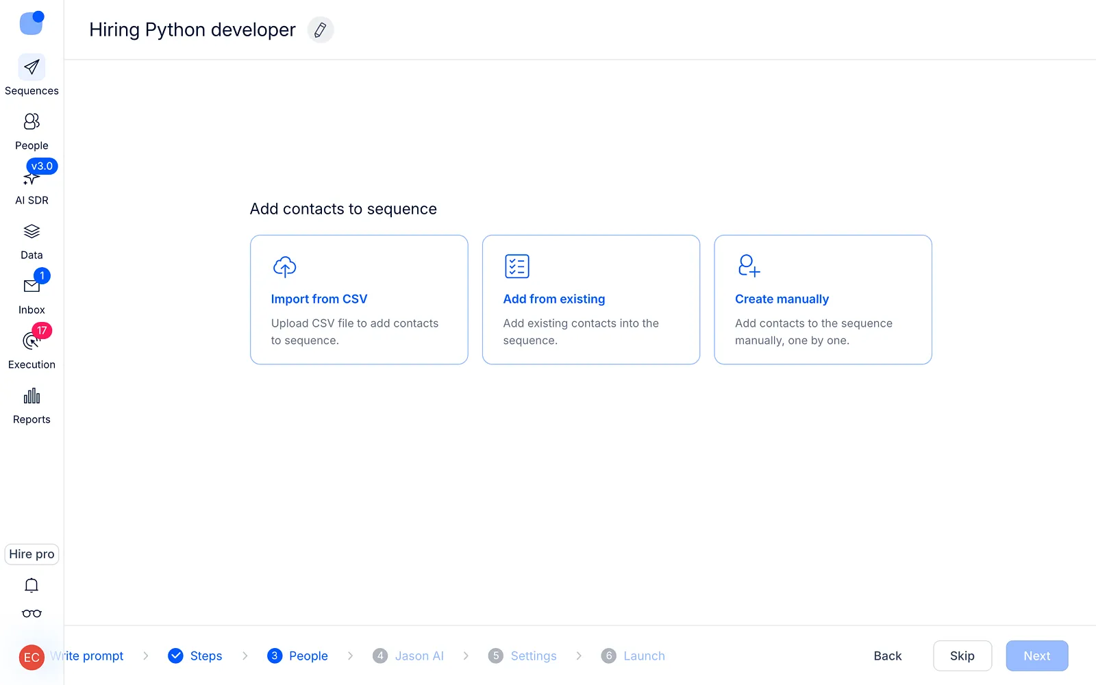 People step with three cards: Import from CSV, Add from existing and Create manually