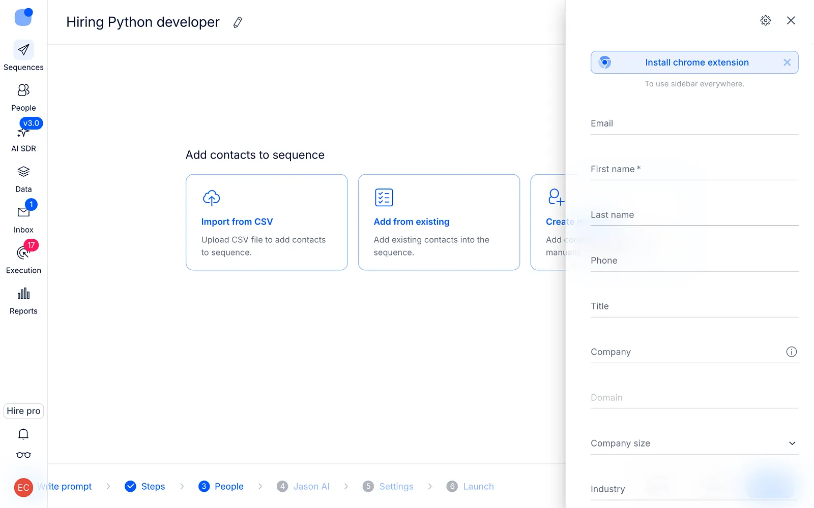 Create manually panel on the right side of the People step with the contact profile fields