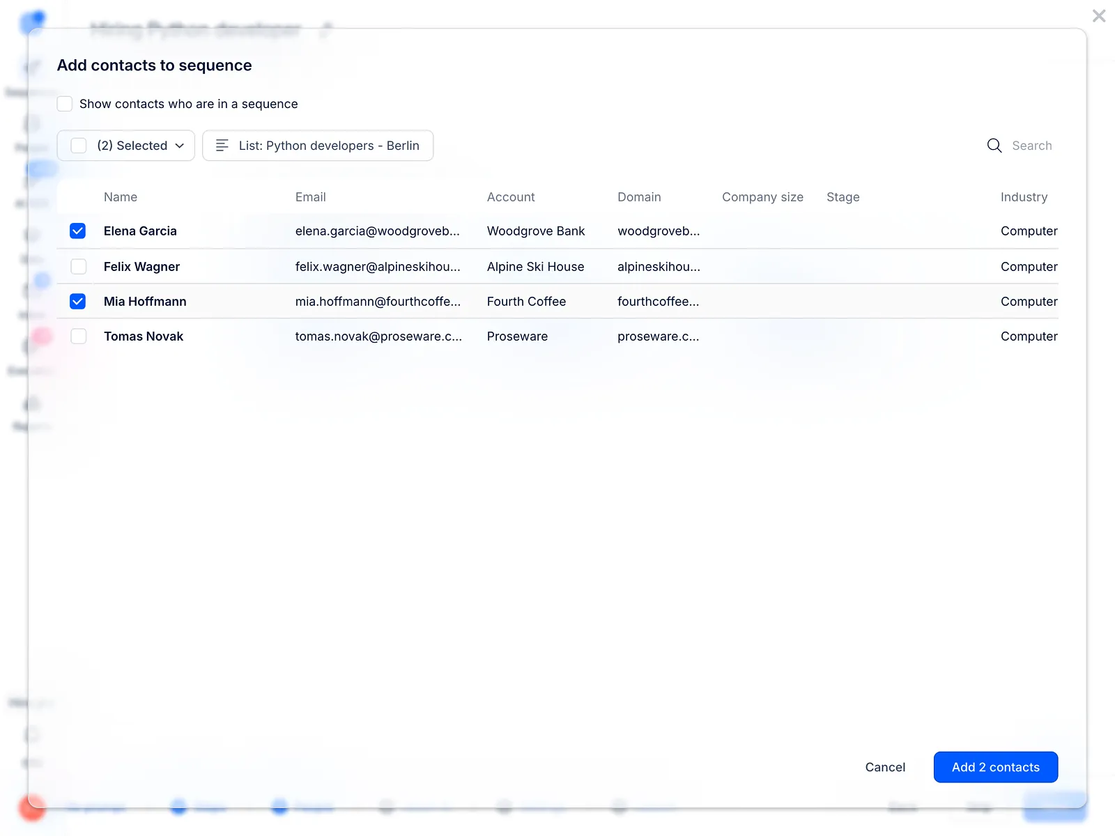 Add contacts to sequence window with a contact list selected in the All lists drop-down and two contacts checked