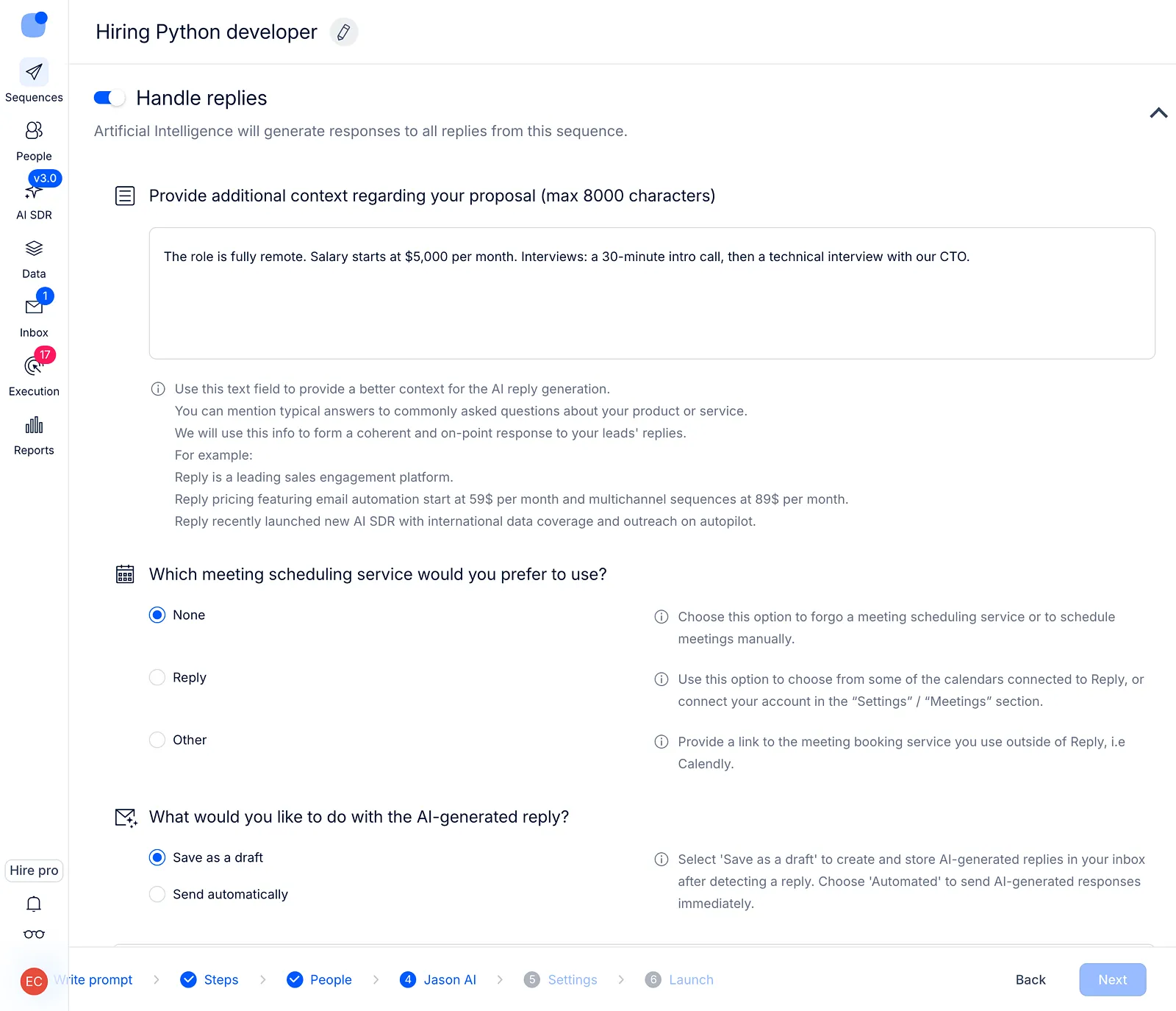 Jason AI step with Handle replies on, additional context, meeting scheduling service and AI-generated replies options