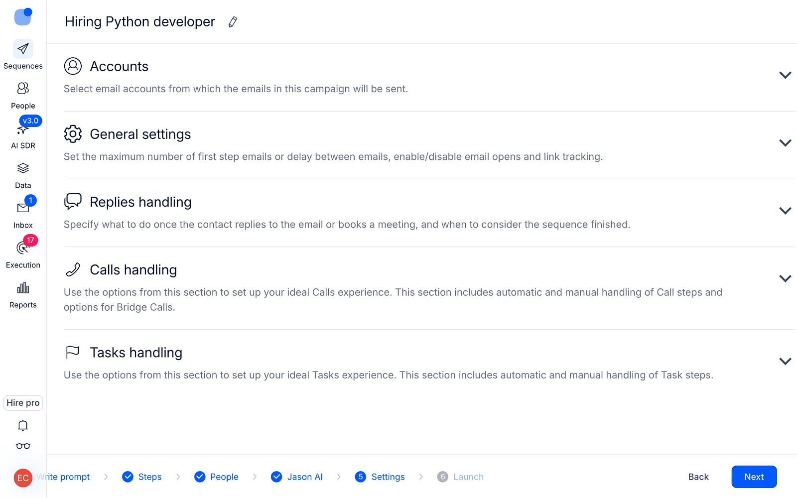 Settings step with the Accounts, General settings, Replies handling, Calls handling and Tasks handling blocks