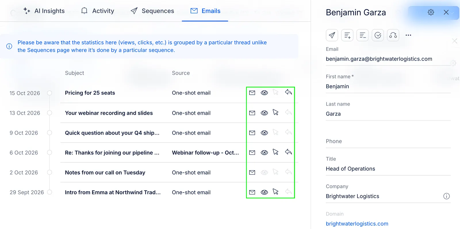 Emails tab of a contact card listing six emails with their date, subject and source, and the delivered, viewed, clicked and replied icons outlined in green