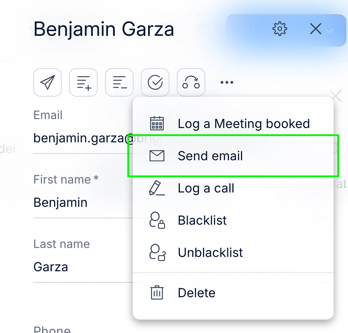 Contact card with the more actions menu open and Send email outlined in green