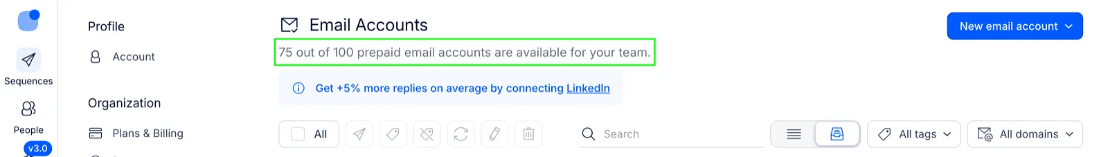 Email Accounts page with the line 75 out of 100 prepaid email accounts are available for your team highlighted