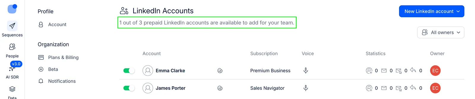 LinkedIn Accounts page with the line 1 out of 3 prepaid LinkedIn accounts are available to add for your team highlighted