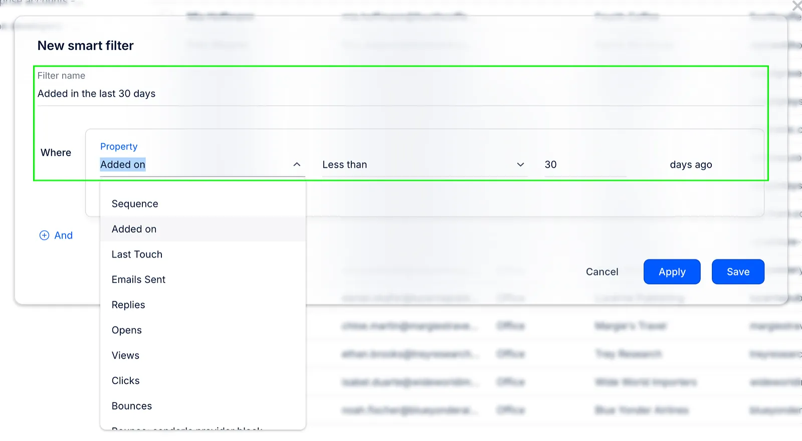 New smart filter dialog with a filter name and a filter condition