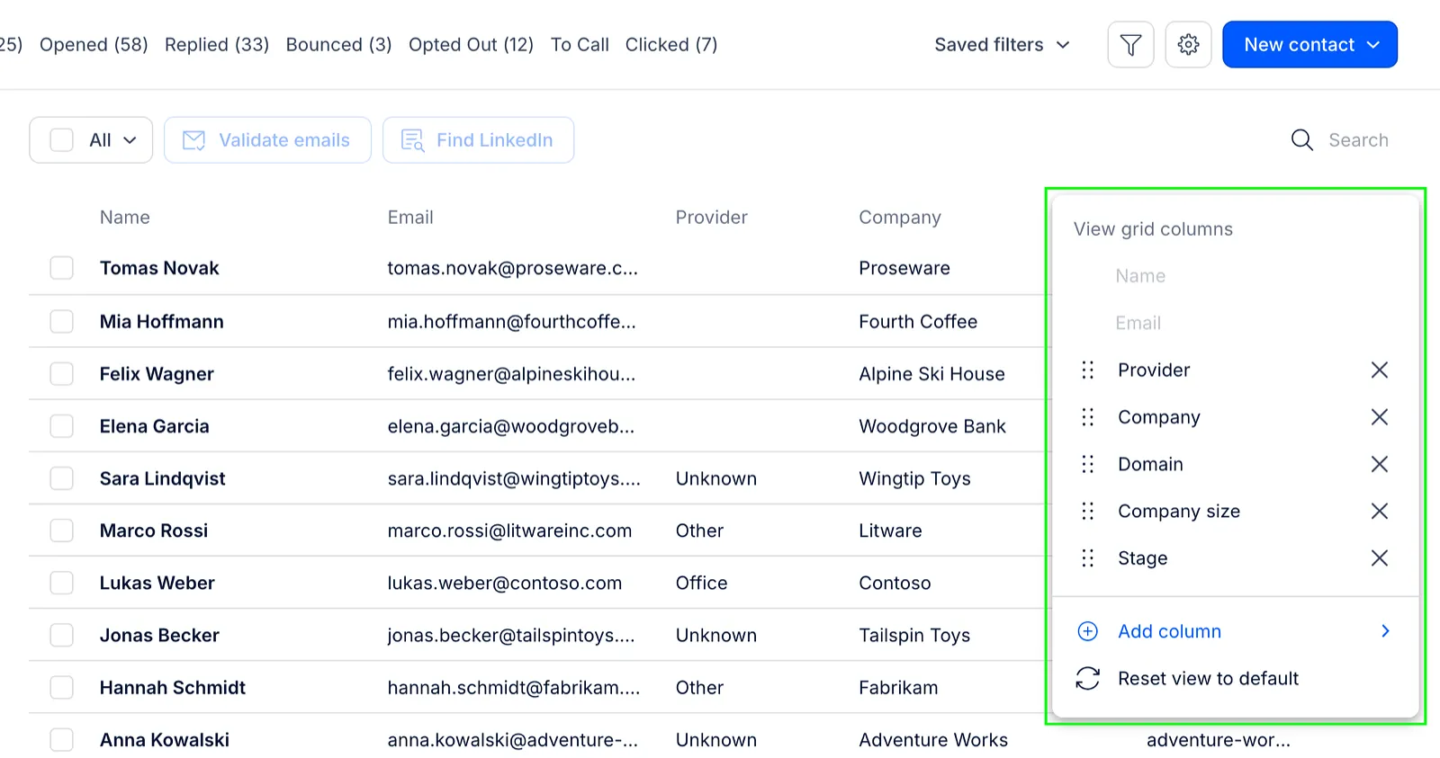 View grid columns menu opened from the settings icon at the right end of the column headers