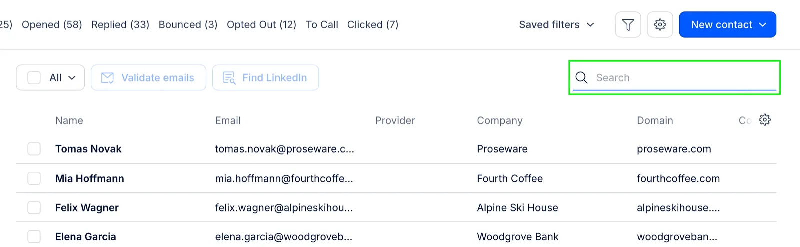 Search field above the contact grid on the Contacts page